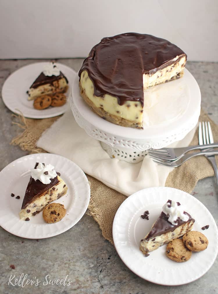 slices of Instant Pot Chocolate Chip Cookie Dough Cheesecake with cookies and whipped cream