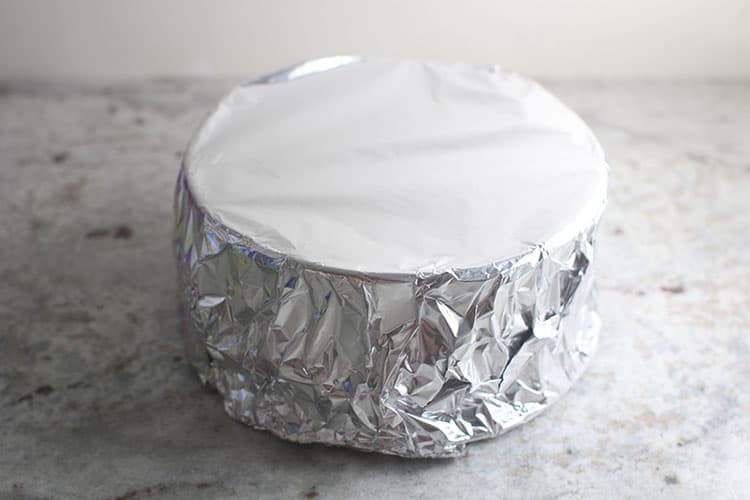 Instant Pot Nutter Butter Cheesecake wrapped in foil before baking in Instant Pot