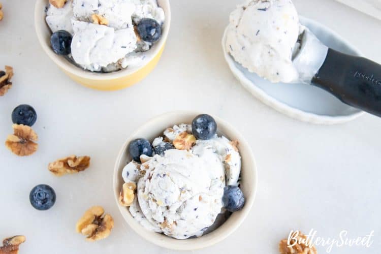 No-Churn Blueberry Walnut Ice Cream in bowls with fresh blueberries, walnuts and a scoop