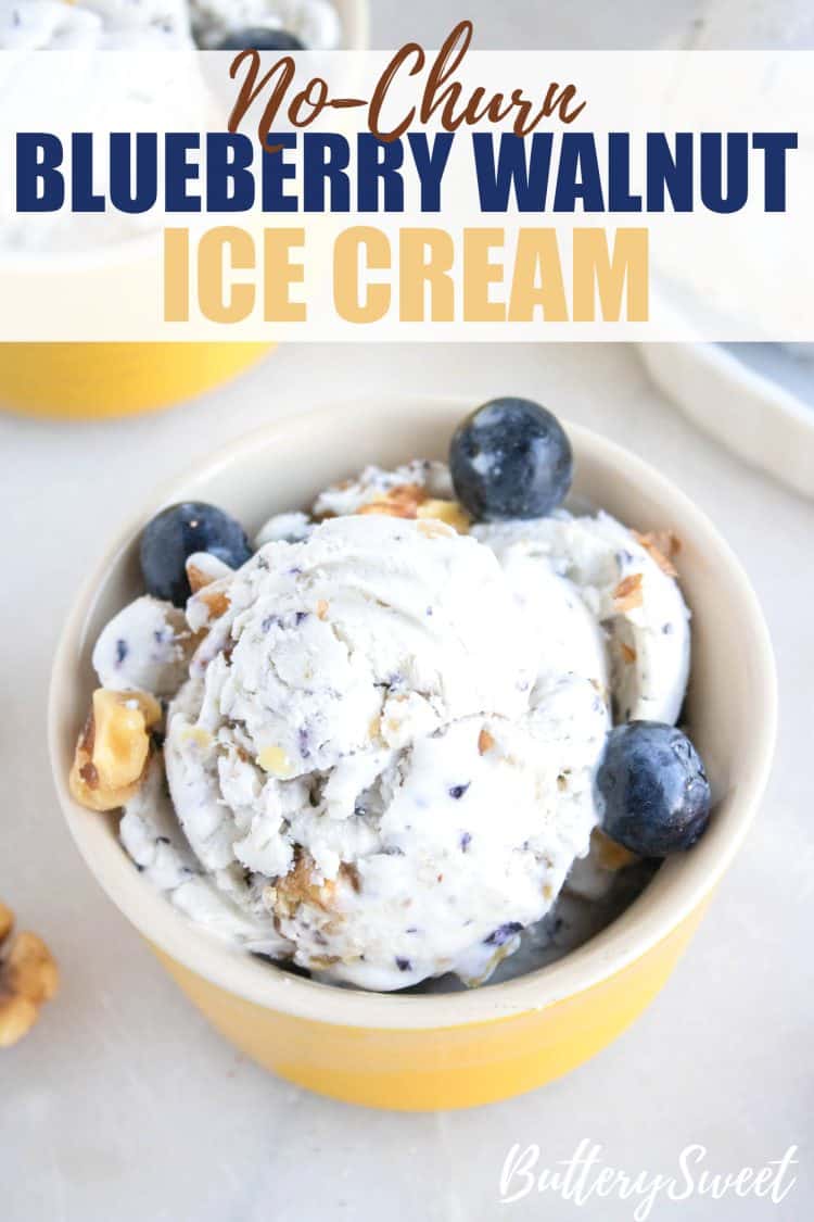 Yellow bowl of No-Churn Blueberry Walnut Ice Cream with Pinterest Text