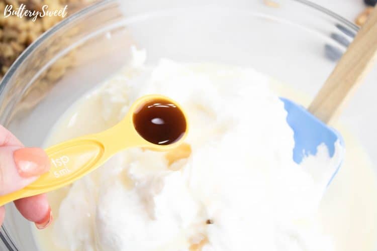 adding vanilla to bowl of ingredients for No-Churn Blueberry Walnut Ice Cream