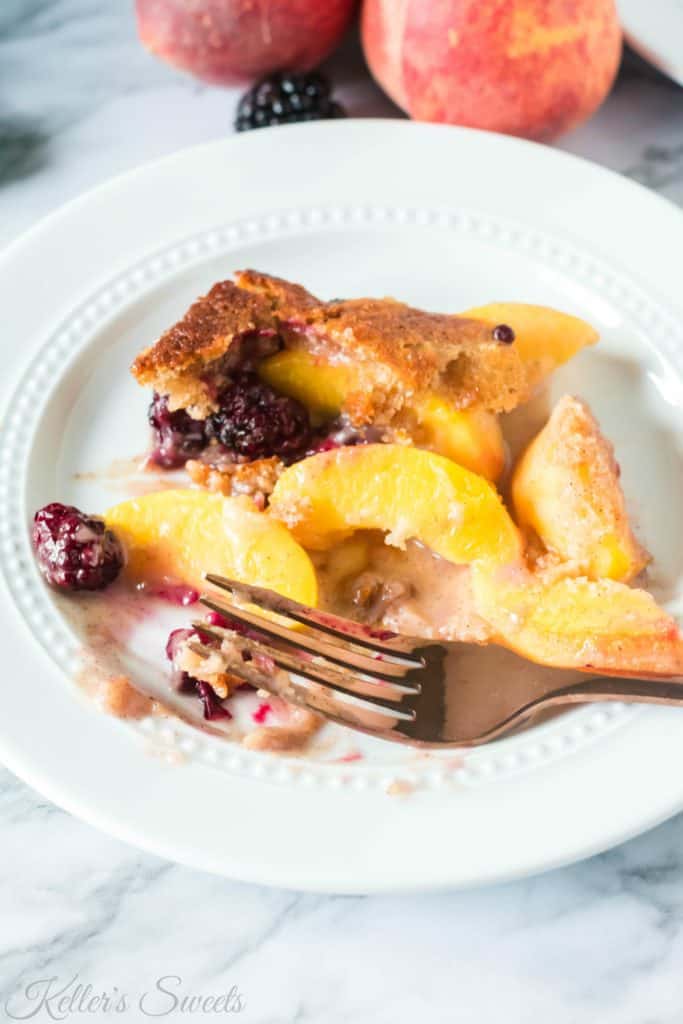 Peach and Blackberry Cobbler Recipe | This Peach and Blackberry Cobbler recipe is fantastic. I added a touch of cinnamon and brown sugar and it just took it over the top! | https://butterysweet.com/blog/peach-and-blackberry-cobbler-recipe