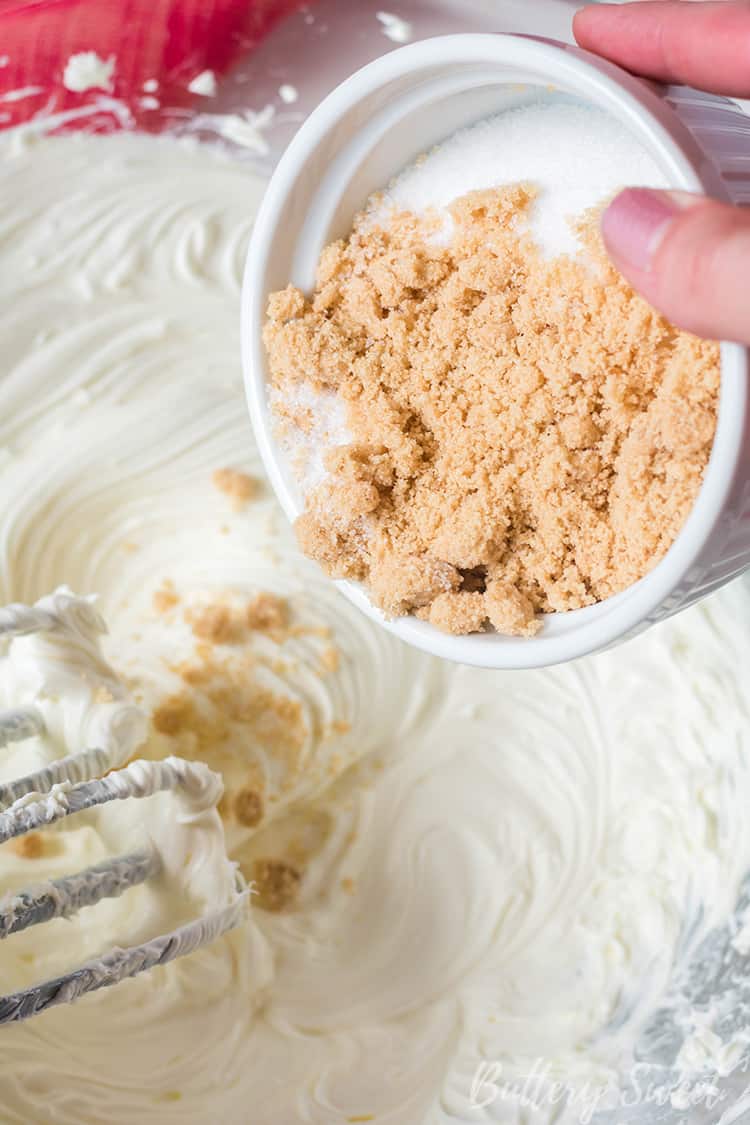 adding brown sugar for Instant Pot Praline Cheesecake batter