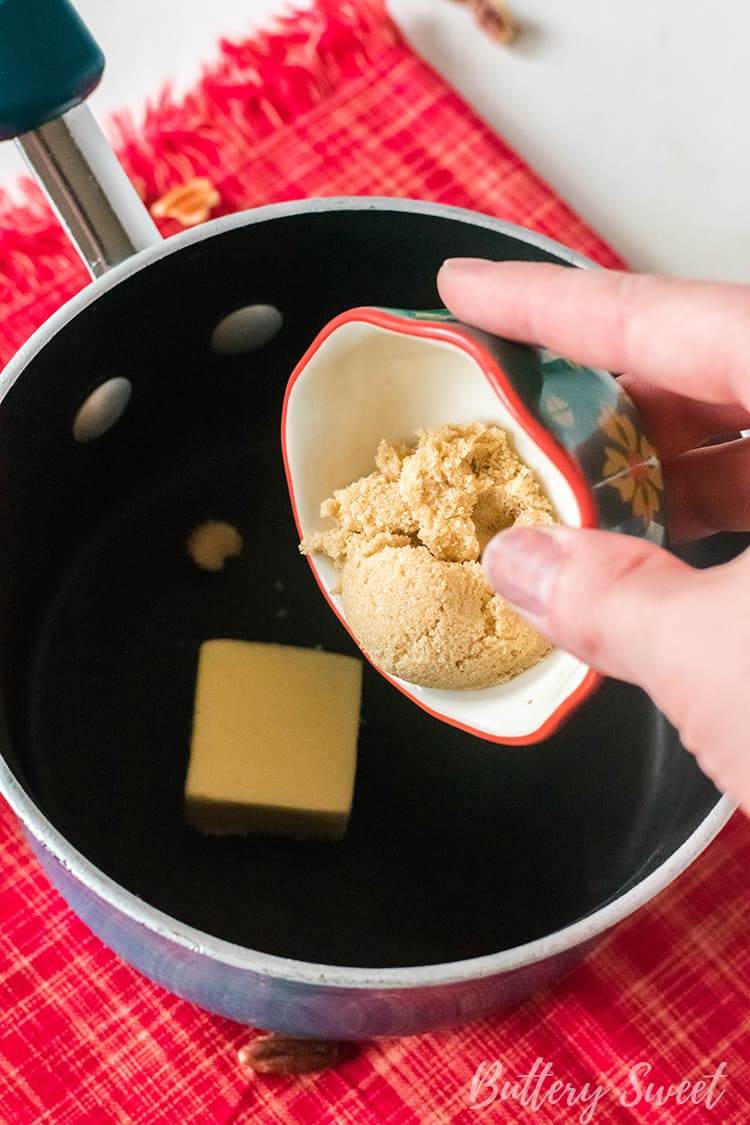 adding brown sugar and butter to saucepan for Instant Pot Praline Cheesecake topping