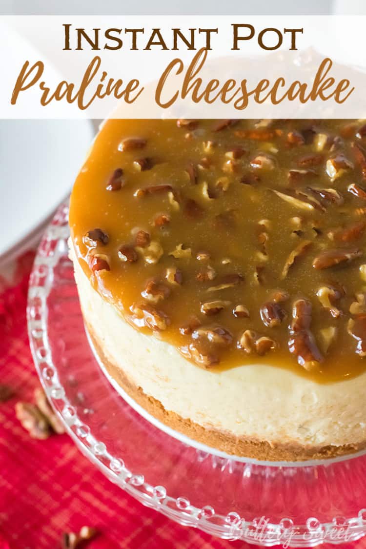 Instant Pot Praline Cheesecake on a cake stand