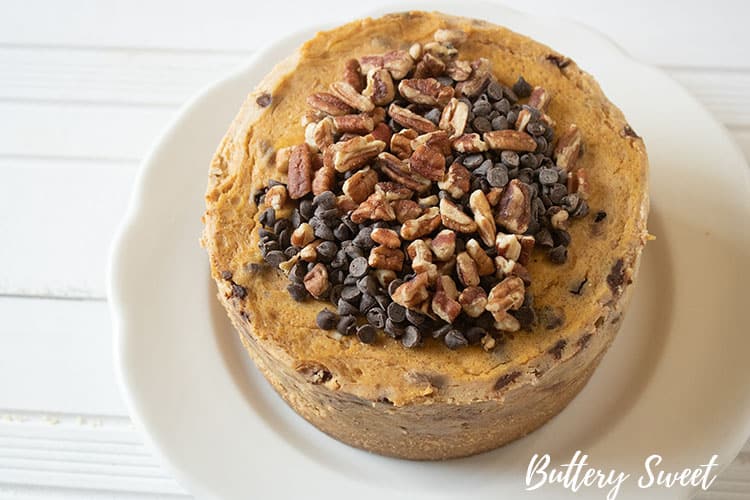 Instant Pot Pumpkin Pecan and Chocolate Chip Cheesecake with pecans and mini chocolate chips on top