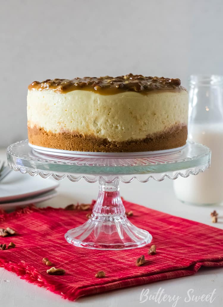 Instant Pot Praline Cheesecake with praline topping and graham cracker crust