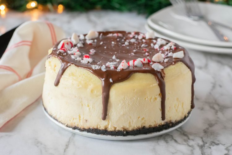 Instant Pot Peppermint Cheesecake with OREO Crust whole on a plate