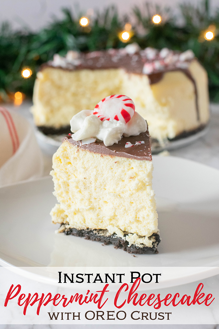 Instant Pot Peppermint Cheesecake with OREO Crust on a white plate with peppermint garnish
