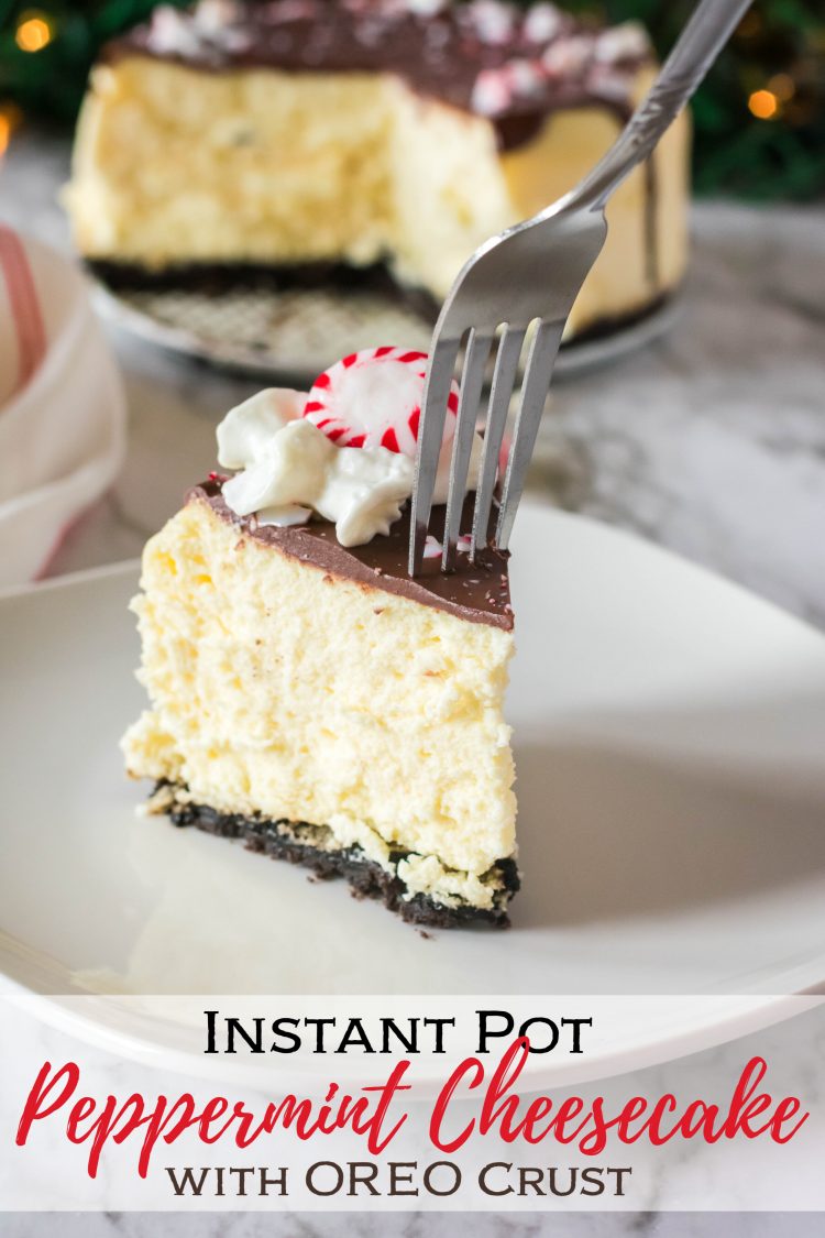 a slice of Instant Pot Peppermint Cheesecake with OREO Crust