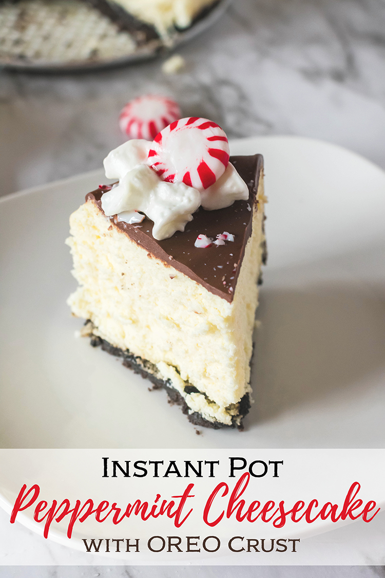 a slice of Instant Pot Peppermint Cheesecake with OREO Crust