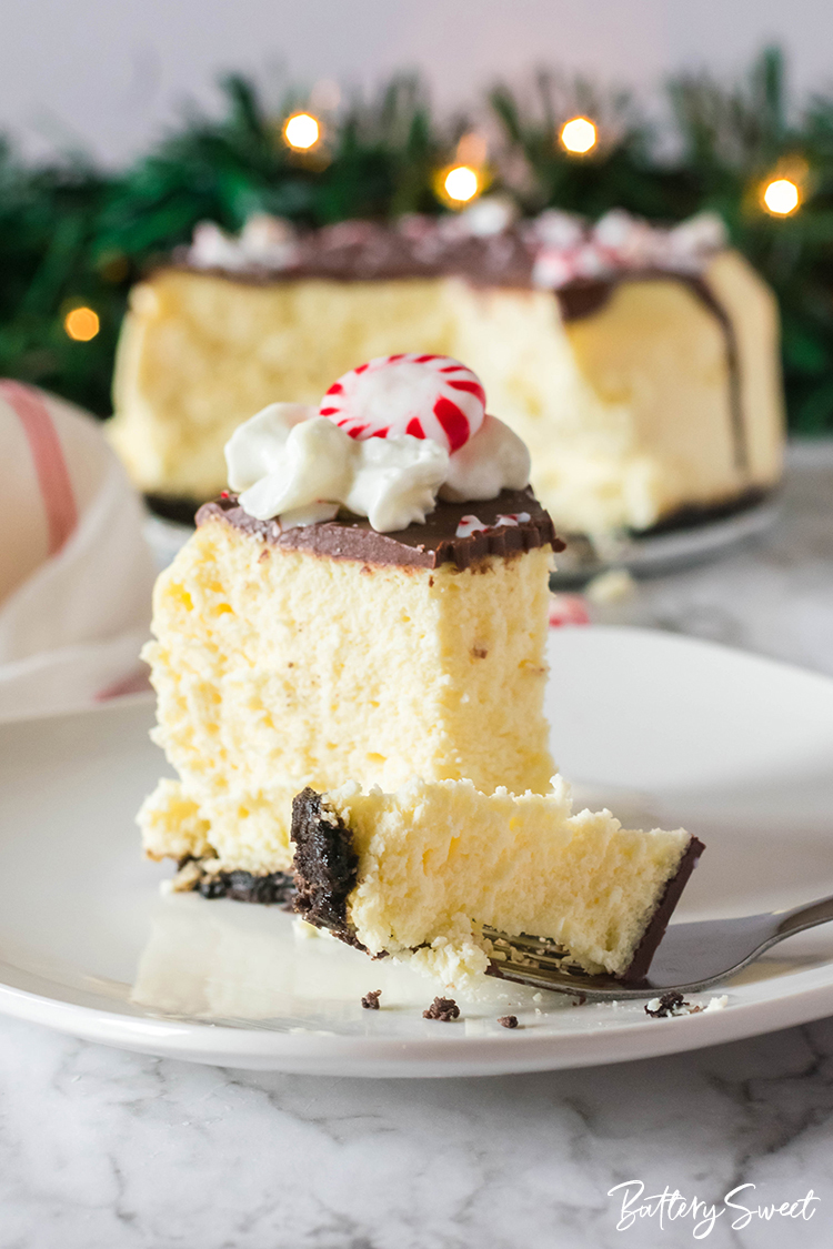 Instant Pot Peppermint Cheesecake with OREO Crust with a bite missing