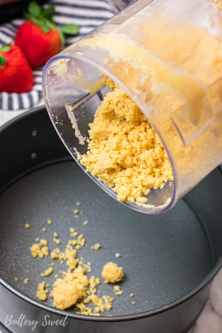 Pouring cookie crumbs into springform pan for cheesecake crust