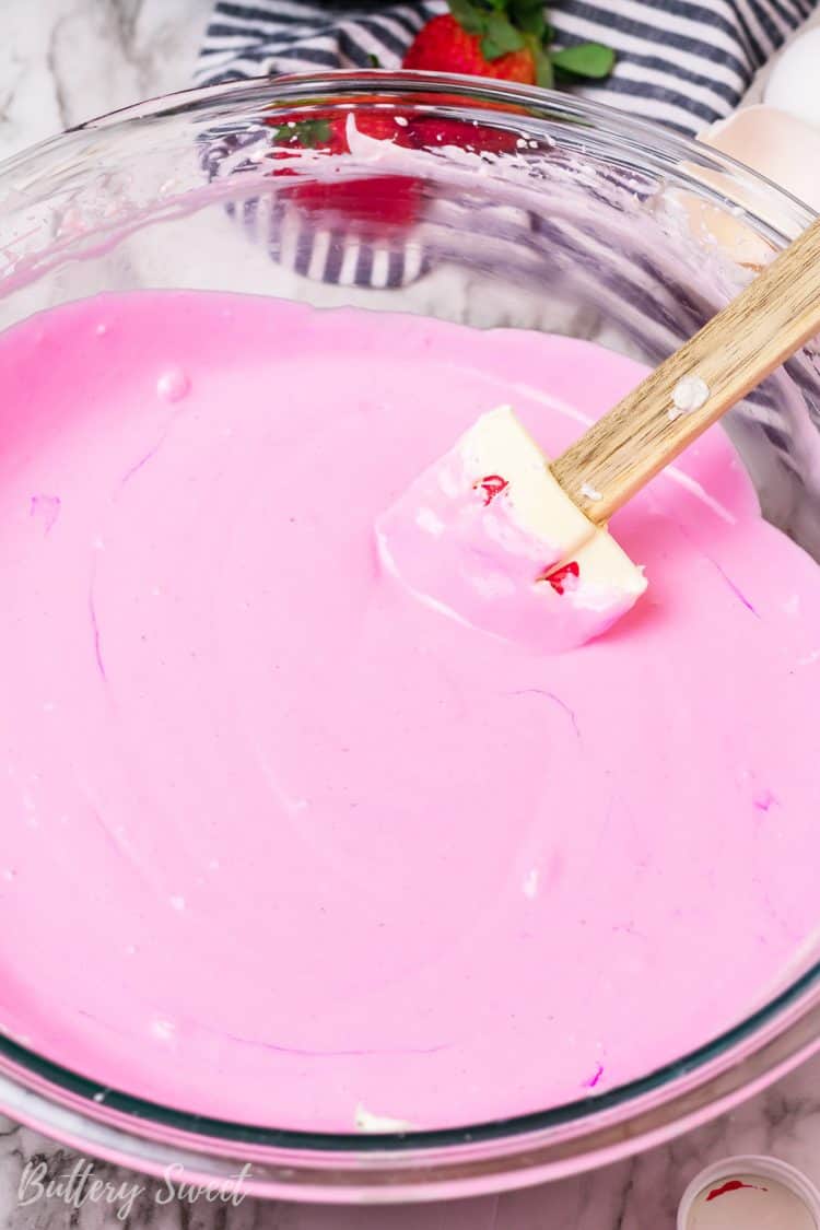 bright pink Instant Pot Chocolate Covered Strawberry Cheesecake batter