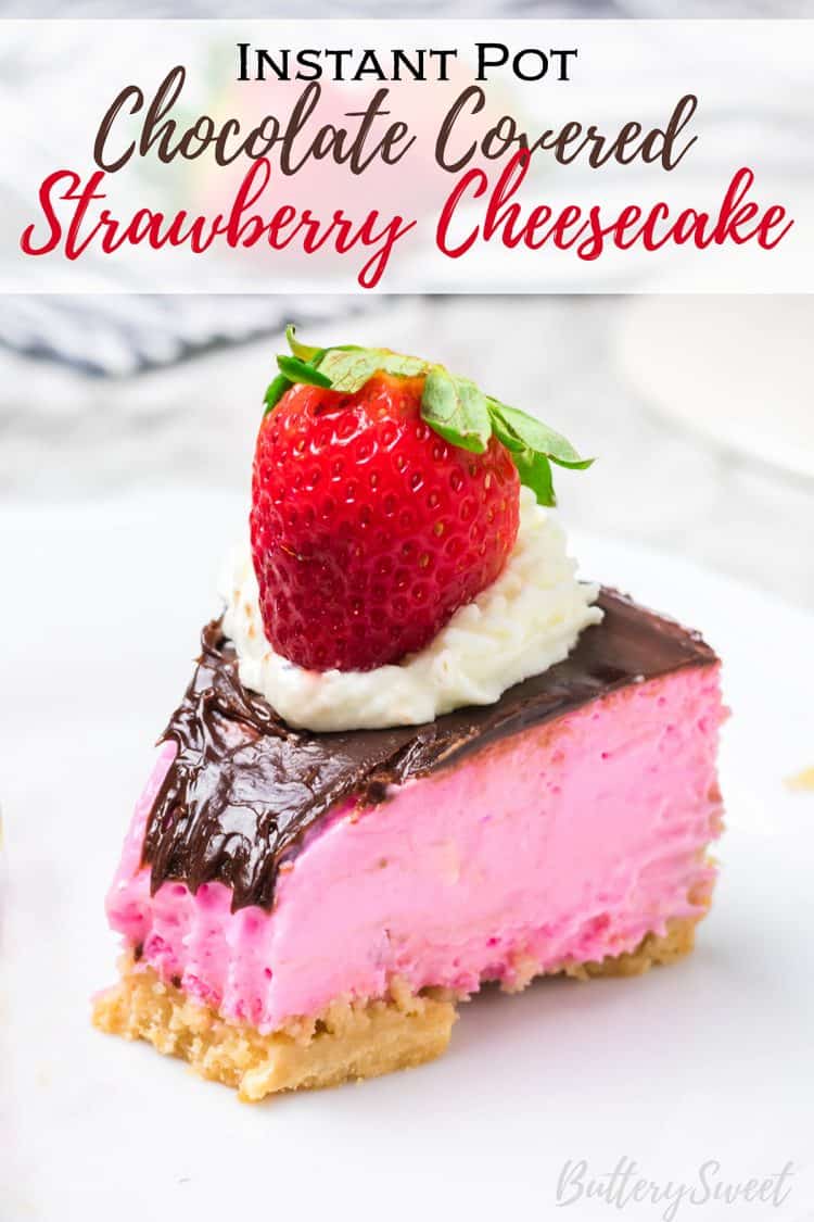 Slice of Instant Pot Chocolate Covered Strawberry Cheesecake on white plate