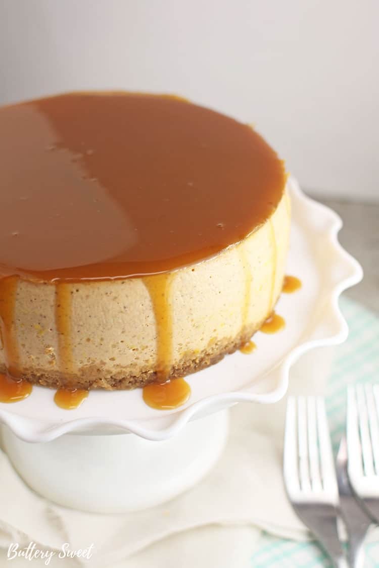 Instant Pot Pumpkin Pie Cheesecake with caramel sauce on top
