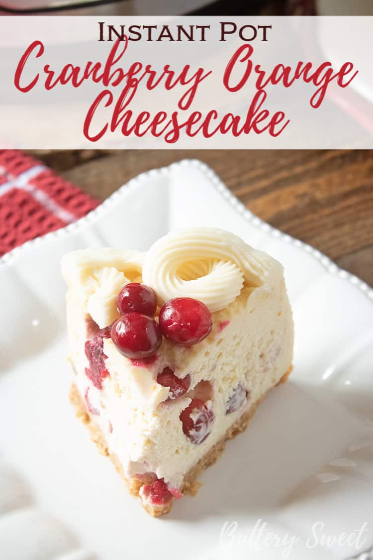 Slice of Instant Pot Cranberry Orange Cheesecake topped with fresh cranberries on a white plate.