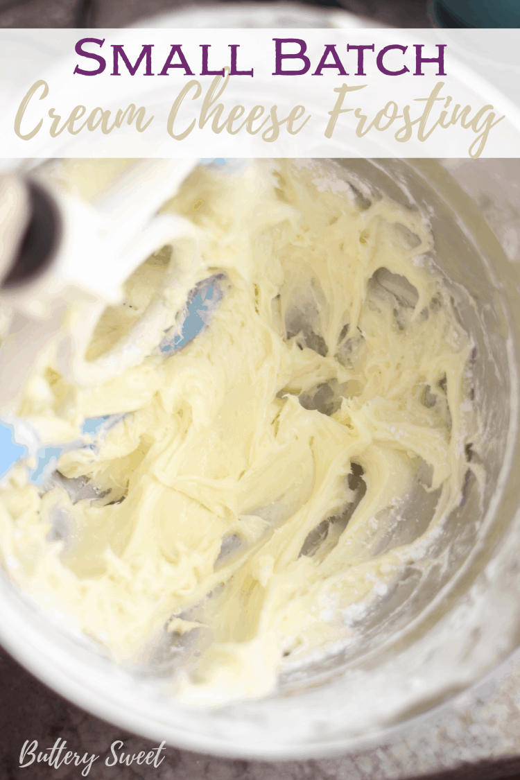Cream Cheese Frosting in a mixing bowl with text "Small Batch Cream Cheese Frosting"